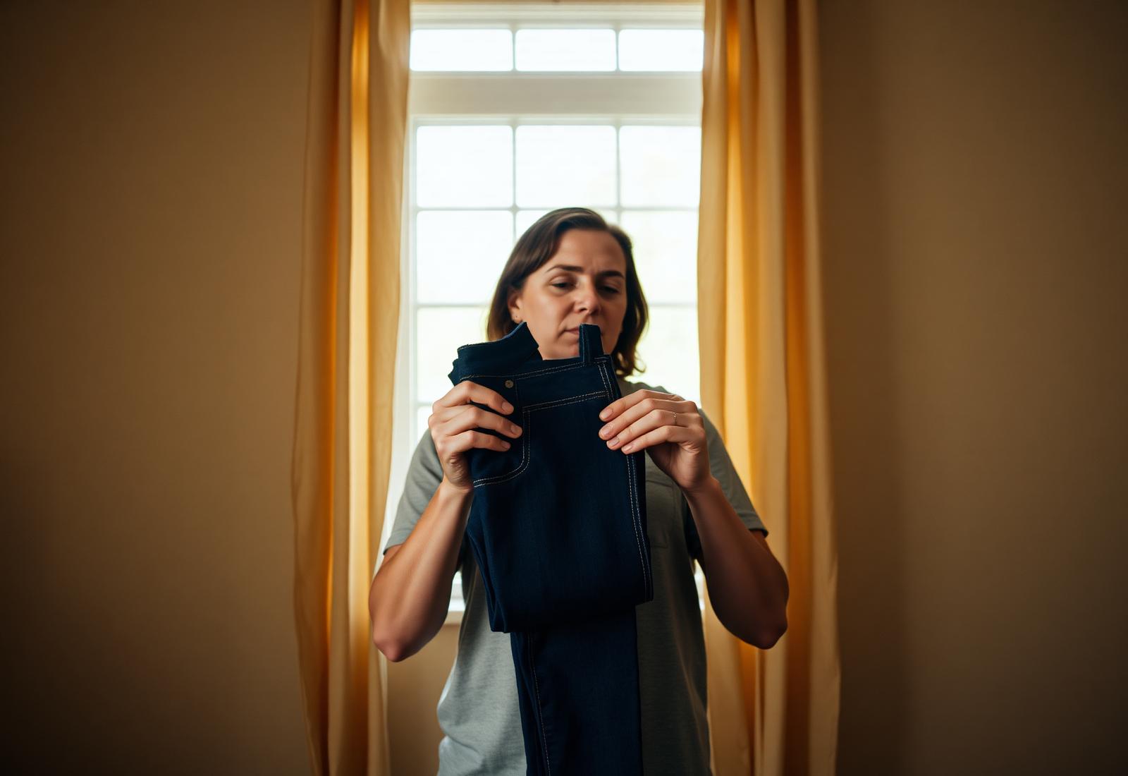 En person håller varsamt i ett par mörkblå jeans i mjukt fönsterljus.
