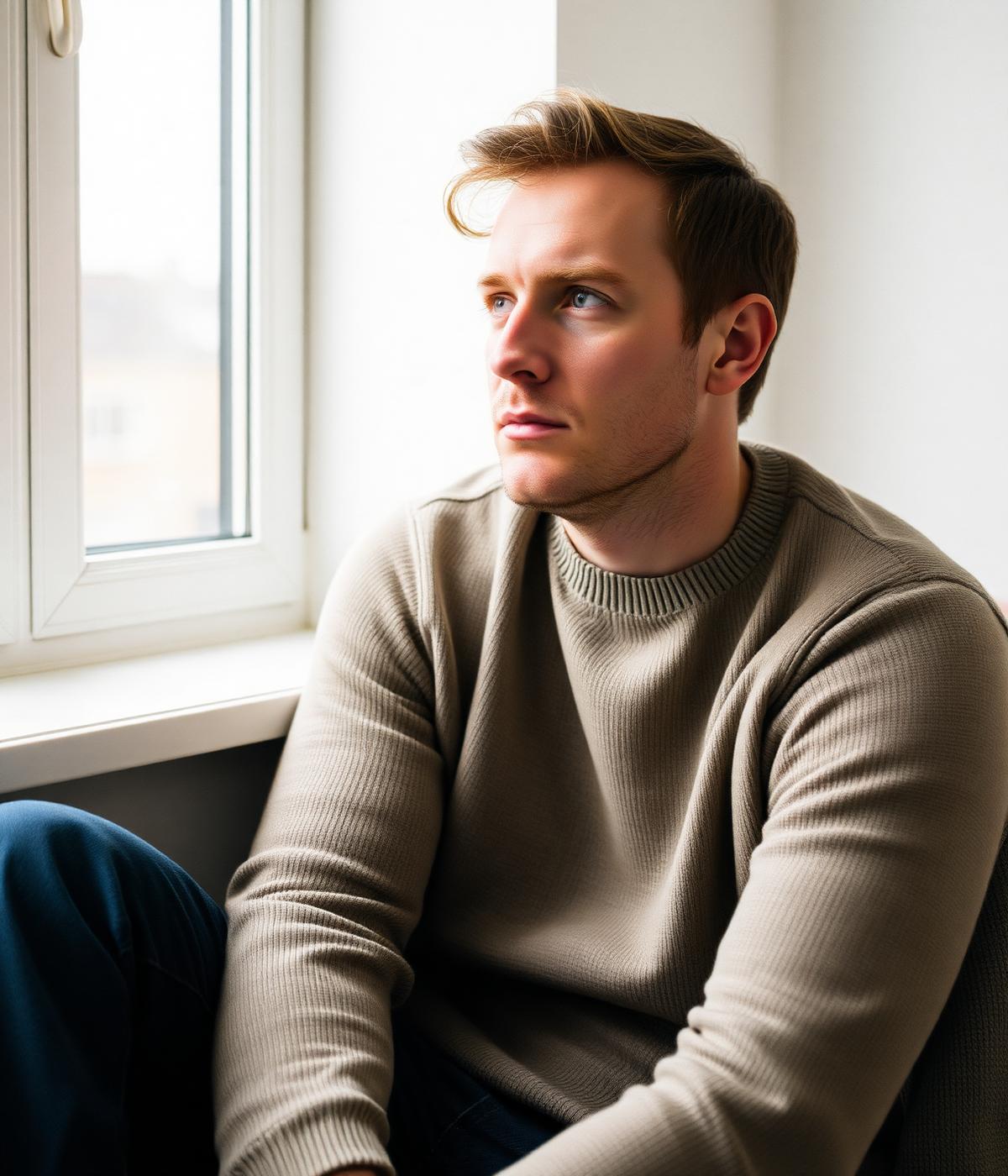Porträtt av modell som föreställer Erik, sittande vid ett fönster i mjukt dagsljus.