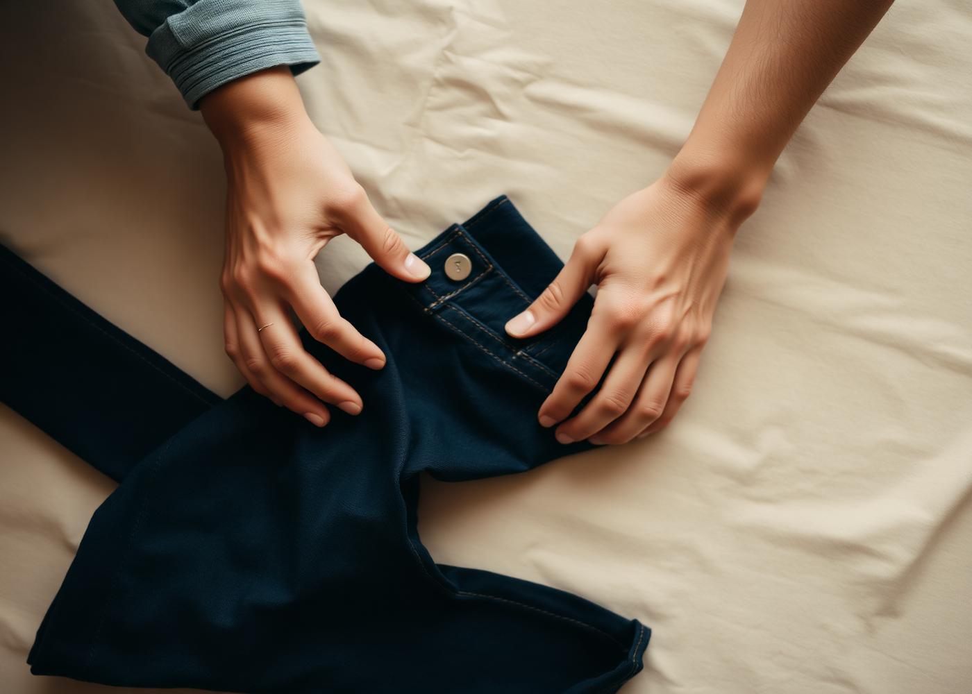 Två händer viker ihop ett par mörkblå jeans på ett beige tygunderlag.